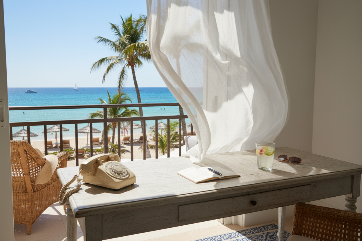 je veux un bureau avec un telephone dans un endroit ensoille stype vacance quoi 